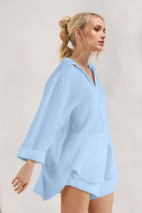 Hazel Blues® |  Basic Bae Breathable Button Down Long Sleeve Top and Shorts Set