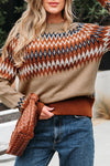 Hazel Blues® |  Khaki Aztec Print Colorblock Crew Neck Sweater