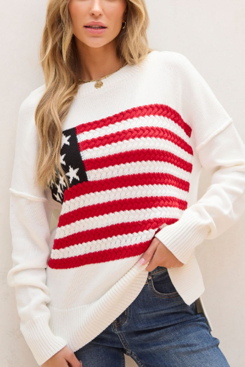 Hazel Blues® |  US Flag Side Slit Drop Shoulder Sweater