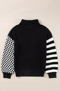 Hazel Blues® |  Striped & Checkered Turtleneck Dropped Shoulder Sweater