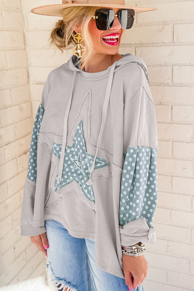 Hazel Blues® |  Floral Patchwork Star Pattern Drawstring Hoodie