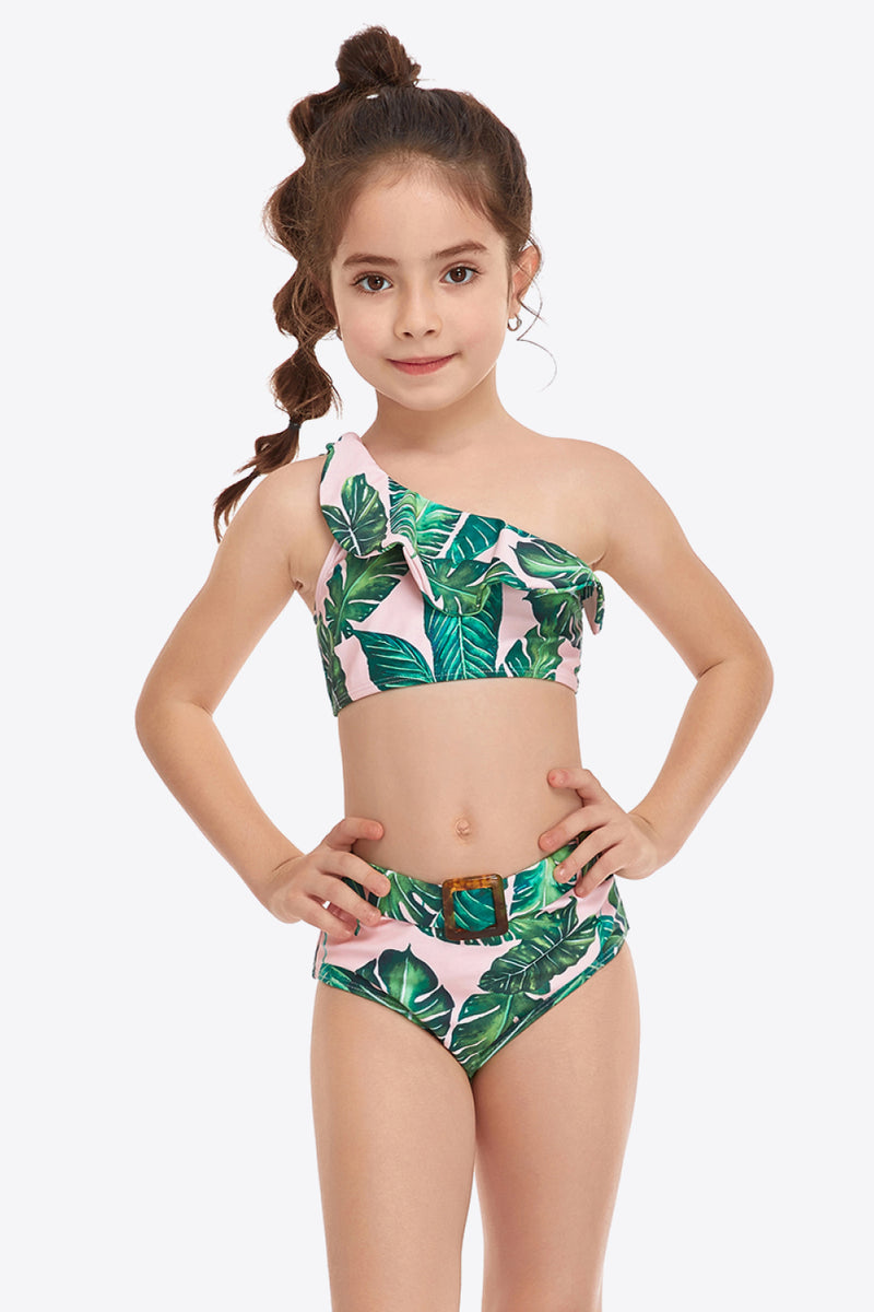 Hazel Blues® |  Ruffled One-Shoulder Buckle Detail Two-Piece Swim Set