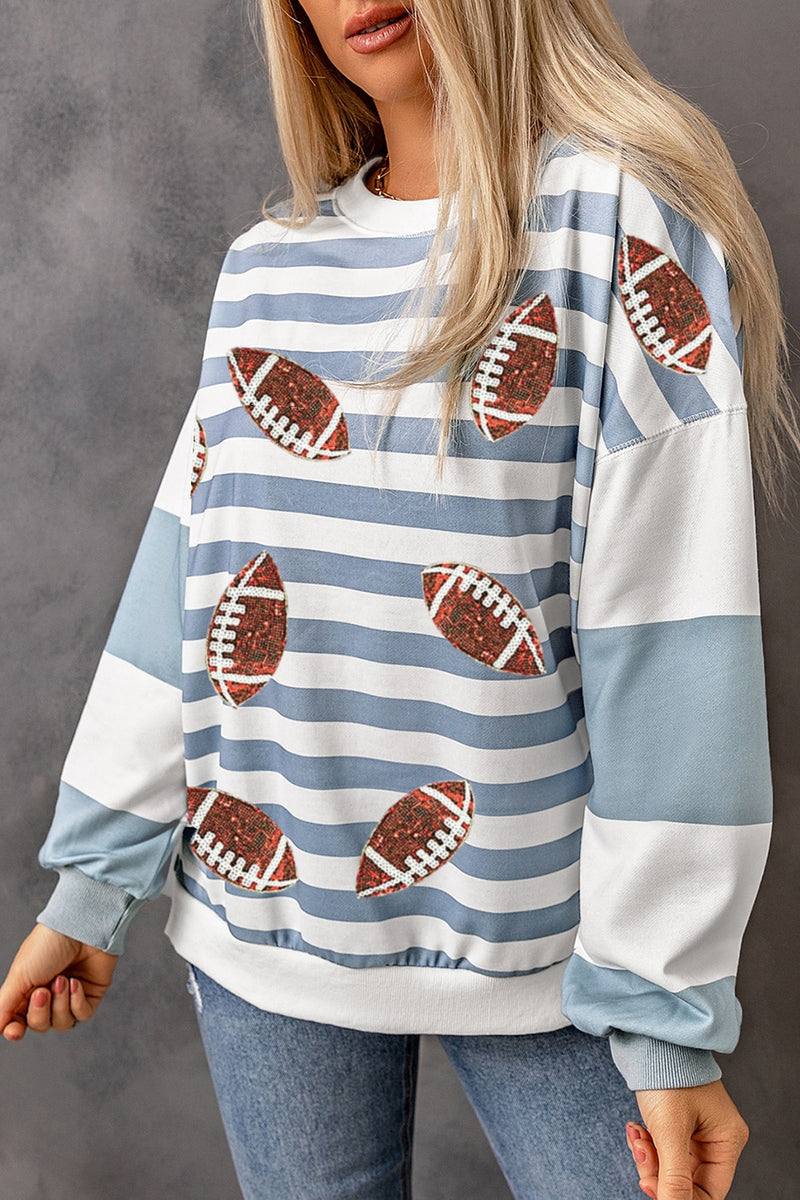 Hazel Blues® |  Football Striped Round Neck Long Sleeve Sweatshirt