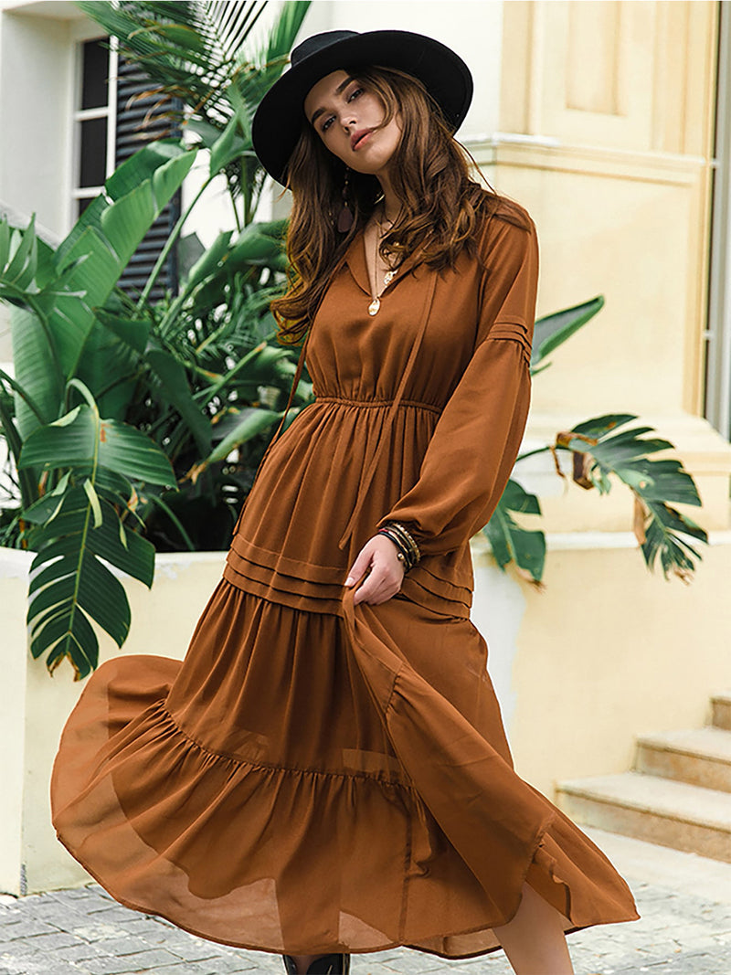 Tie Neck Long-Sleeve Midi Tiered Dress – Hazel Blues®