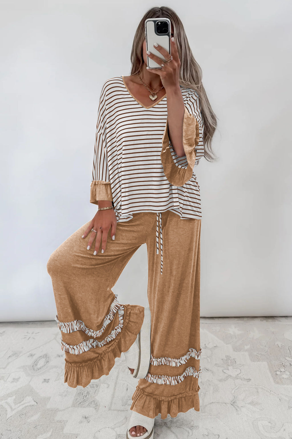 Khaki Stripe V-Neck Ruffle Contrast Sleeve Top Drawstring Pants Two-Piece Set