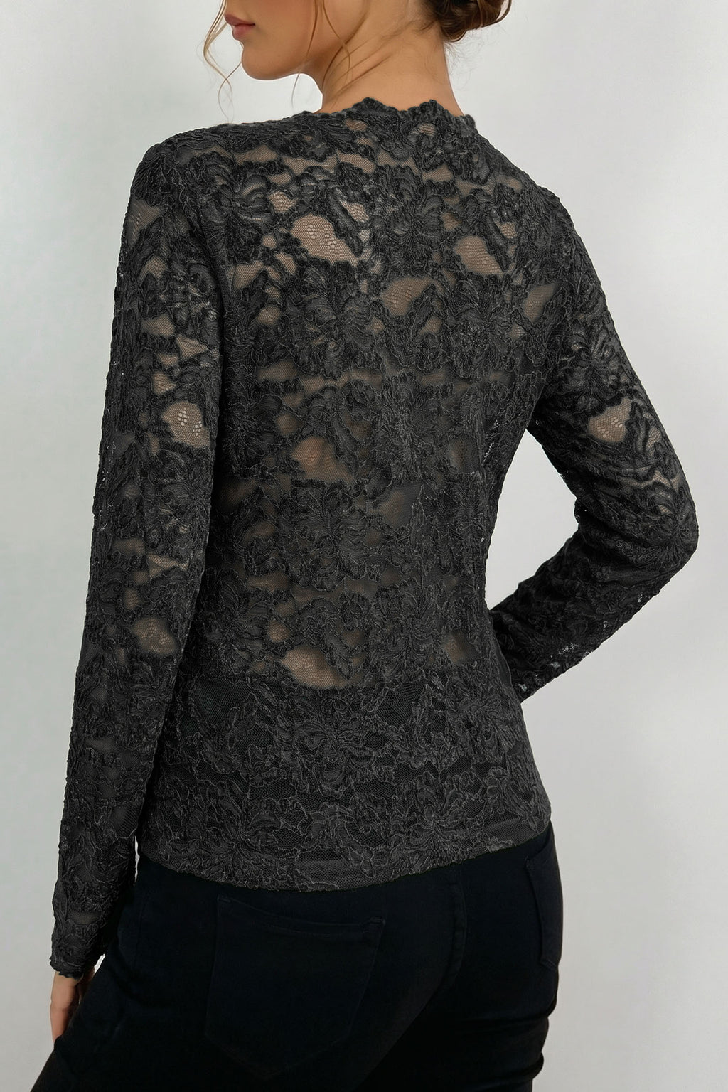 Elegant Stand Neck Lace Long Sleeve Top