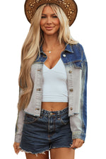 Hazel Blues® |  Dusk Blue Color Block Patchwork Flap Detail Distress Denim Jacket