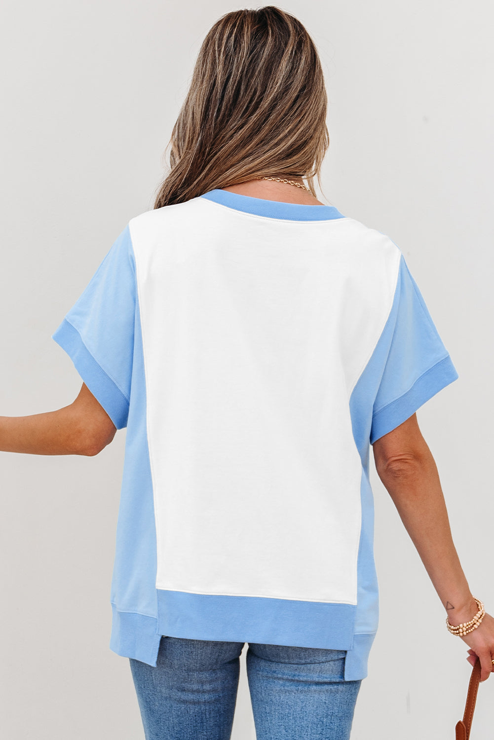Clara Pearl Sky Blue Color-Block Exposed Seam Crew Neck T-Shirt