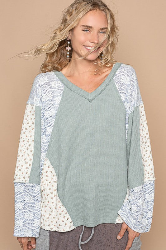 Hazel Blues® |  POL Lace Floral Round Neck Knit Top