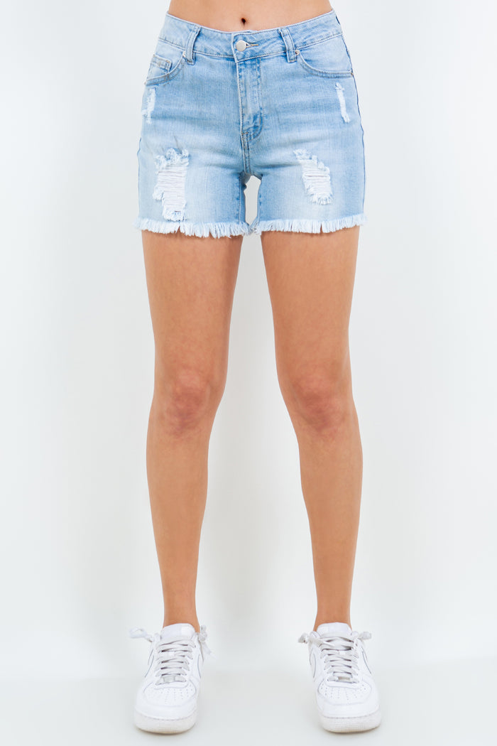 Hazel Blues® |  American Bazi High Waist Distressed Frayed Denim Shorts