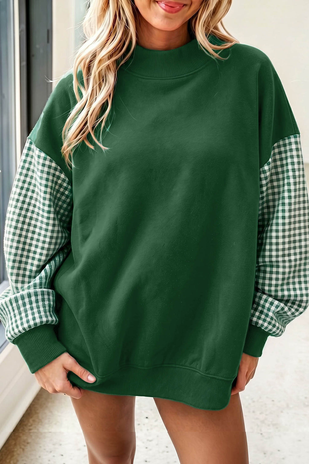 Evergreen Plaid Sleeve Color-Block Relaxed Tunic Sweatshirt