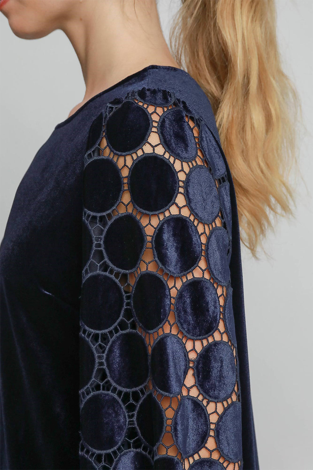 Hazel Blues® |  Umgee Polka Dot Lace Long Sleeve Round Neck Blouse