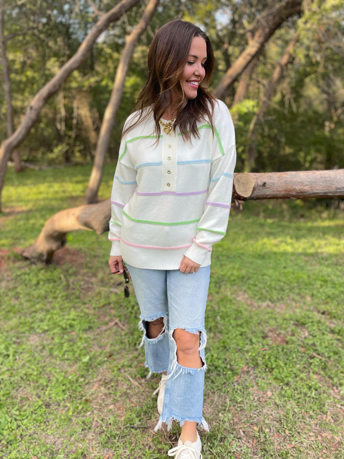 Hazel Blues® |  PREORDER: Just Too Good Rainbow Striped Sweater in Two Colors