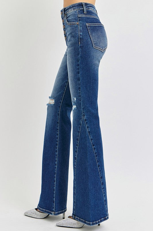 Hazel Blues® |  RISEN Distressed Button-Fly Flare Jeans