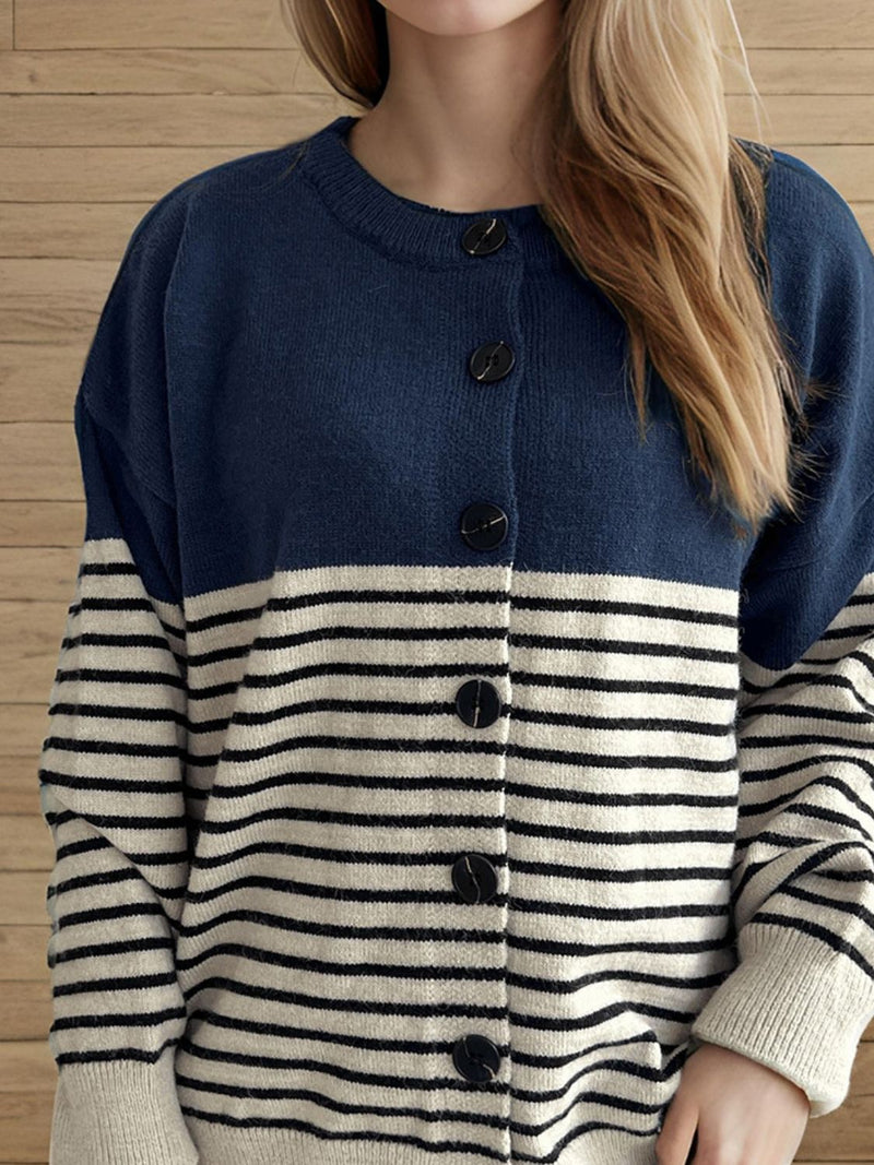 Hazel Blues® |  Striped Button Down Long Sleeve Cardigan