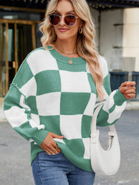 Hazel Blues® |  Checkered Round Neck Long Sleeve Sweater