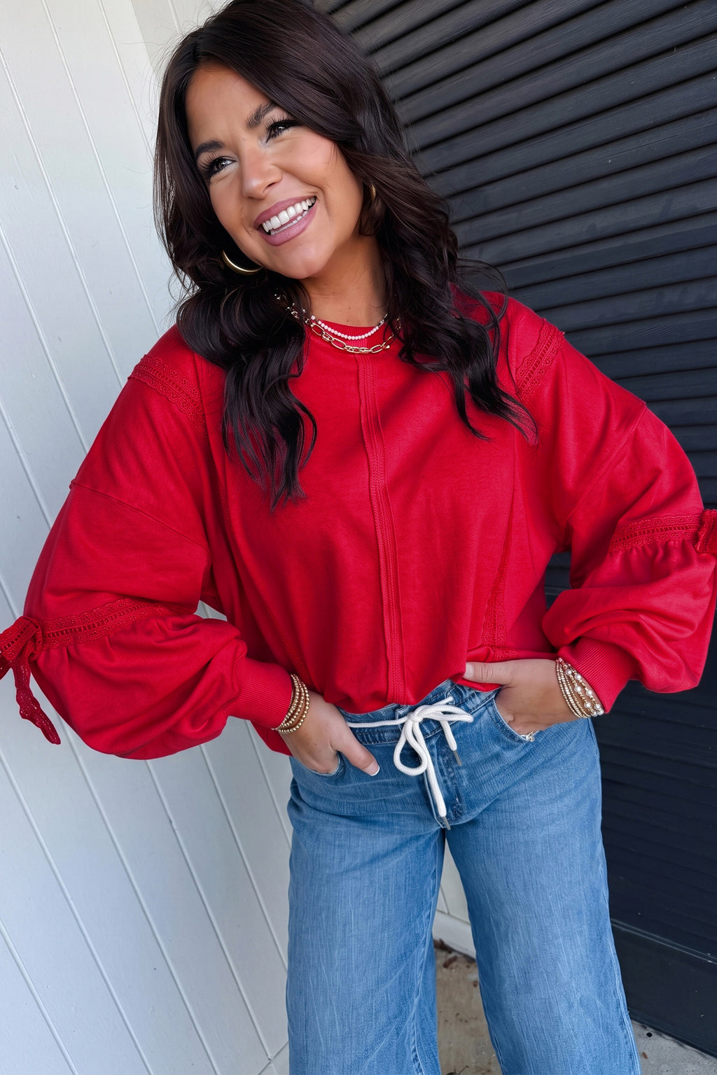 Scarlet Lace Raw-Seam Sweatshirt
