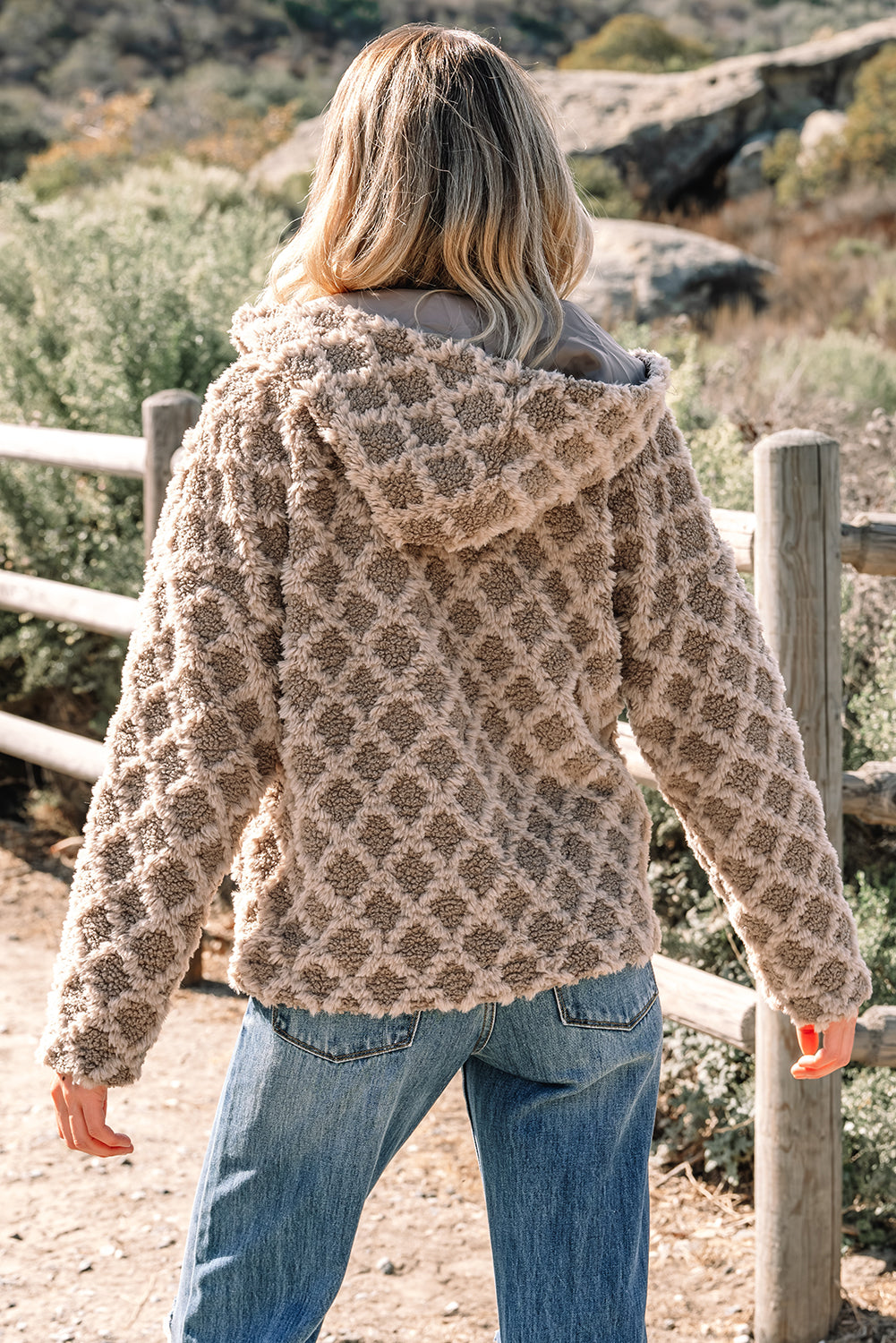 Chestnut Sherpa Rhombus Zip-Up Side Pocket Hooded Jacket