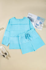 Hazel Blues® | Aruba Blue Solid Color Splicing Raw Hem Pullover Top Shorts Set