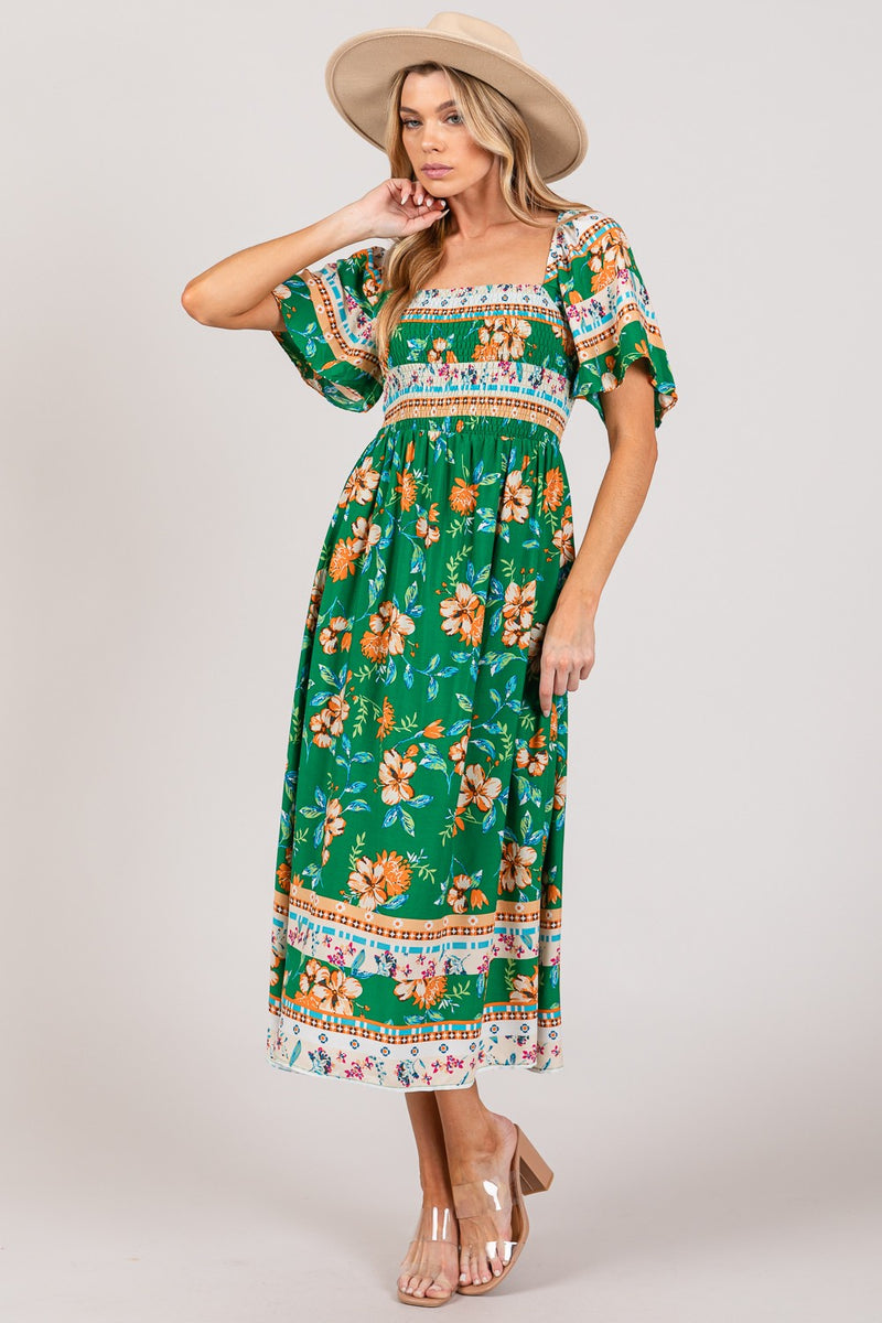 Hazel Blues | SAGE + FIG Printed Smocked Short Sleeve Midi Dress Hazel Blues | SAGE + FIG Printed Smocked Short Sleeve Midi Dress