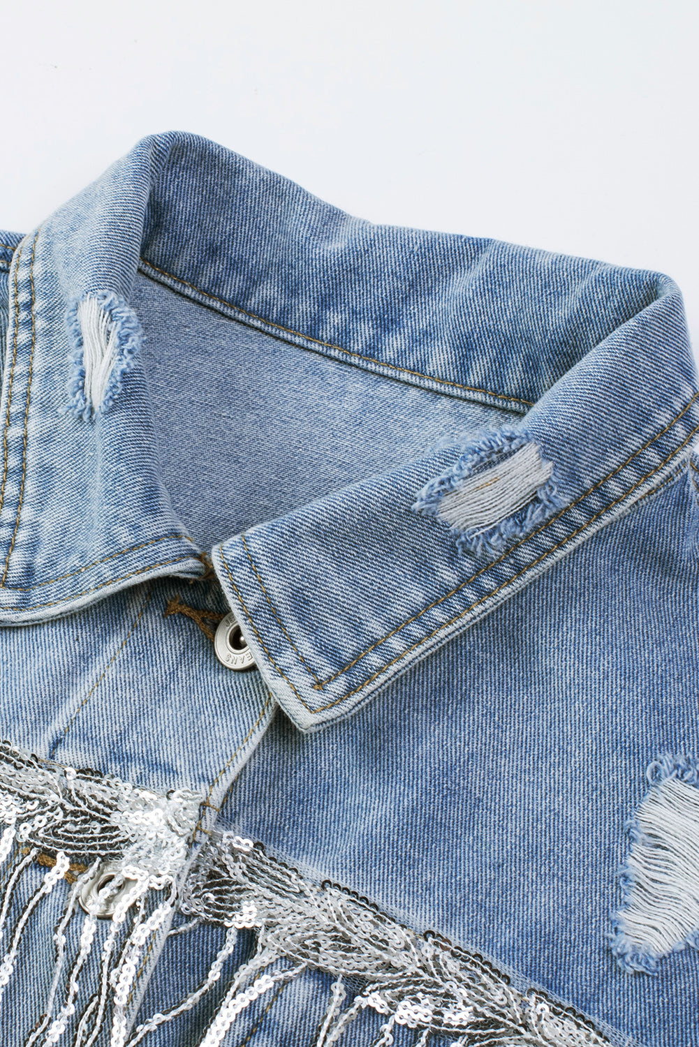 Hazel Blues® |  Sequin Fringe Trim Distressed Button Up Denim Jacket