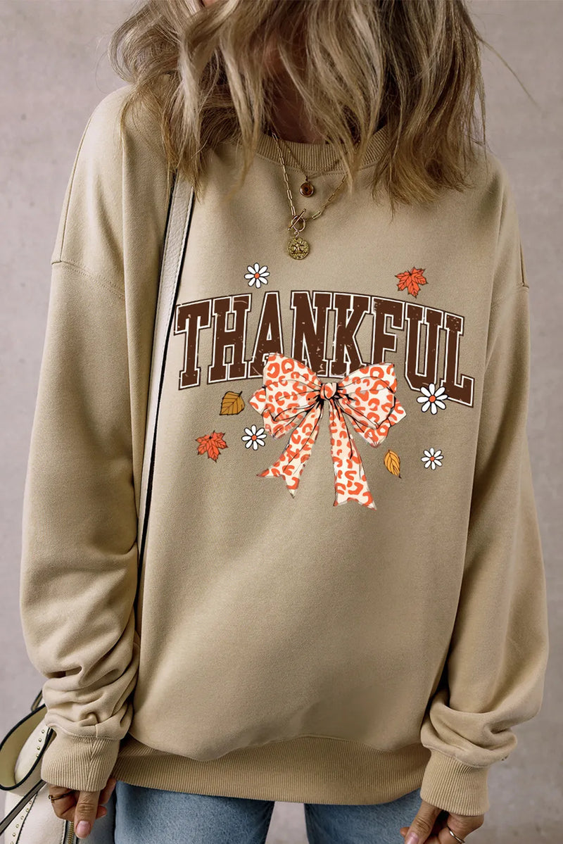 Hazel Blues® |  THANKFUL Bow Round Neck Long Sleeve Sweatshirt