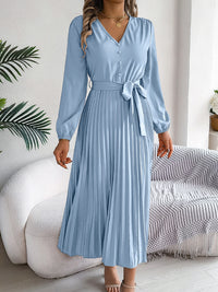 Hazel Blues® |  Pleated Tied V-Neck Long Sleeve Dress