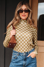 Hazel Blues® |  Khaki Check Pattern Turtleneck Ribbed Slim Long Sleeve Tee