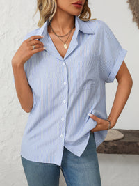 Hazel Blues® |  Mandy Pocketed Striped Collared Neck Short Sleeve Shirt