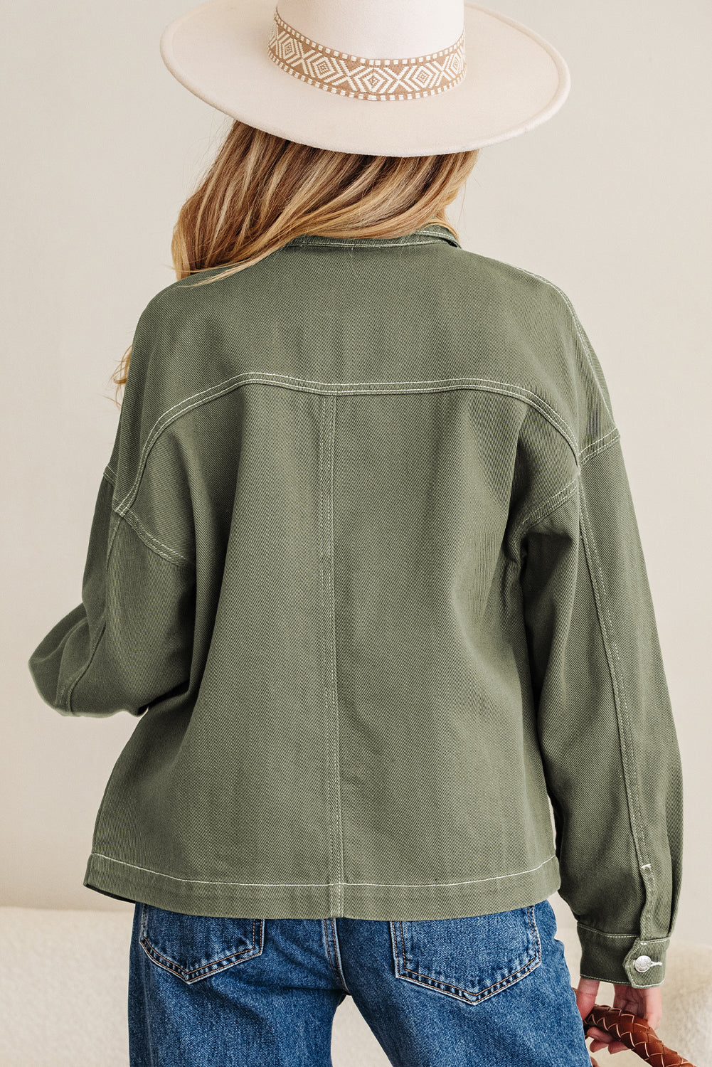 Smoke Green Patched Pocket Collared Button-Front Boyfriend Denim Jacket