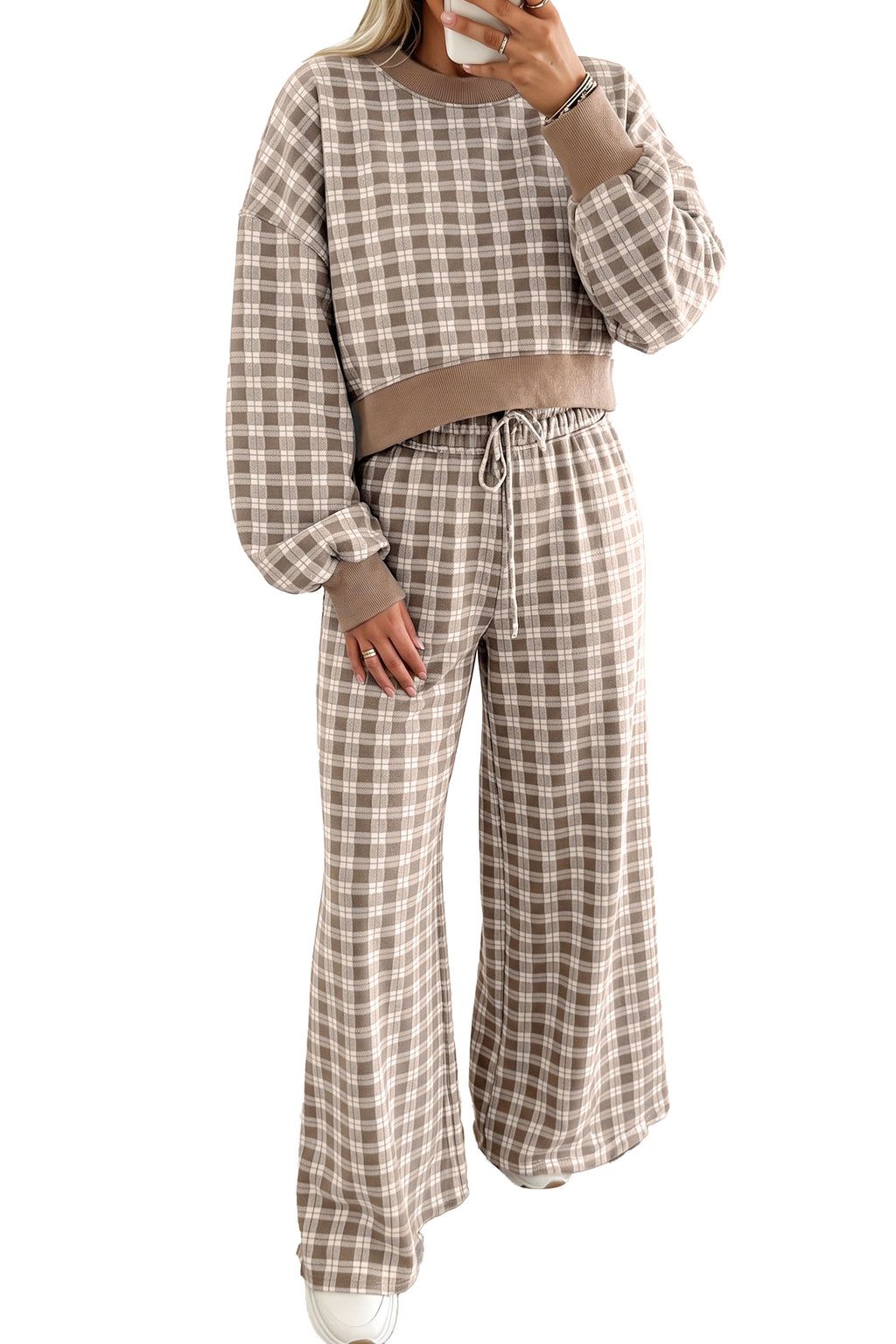 Khaki Plaid Colorblock Pant Set
