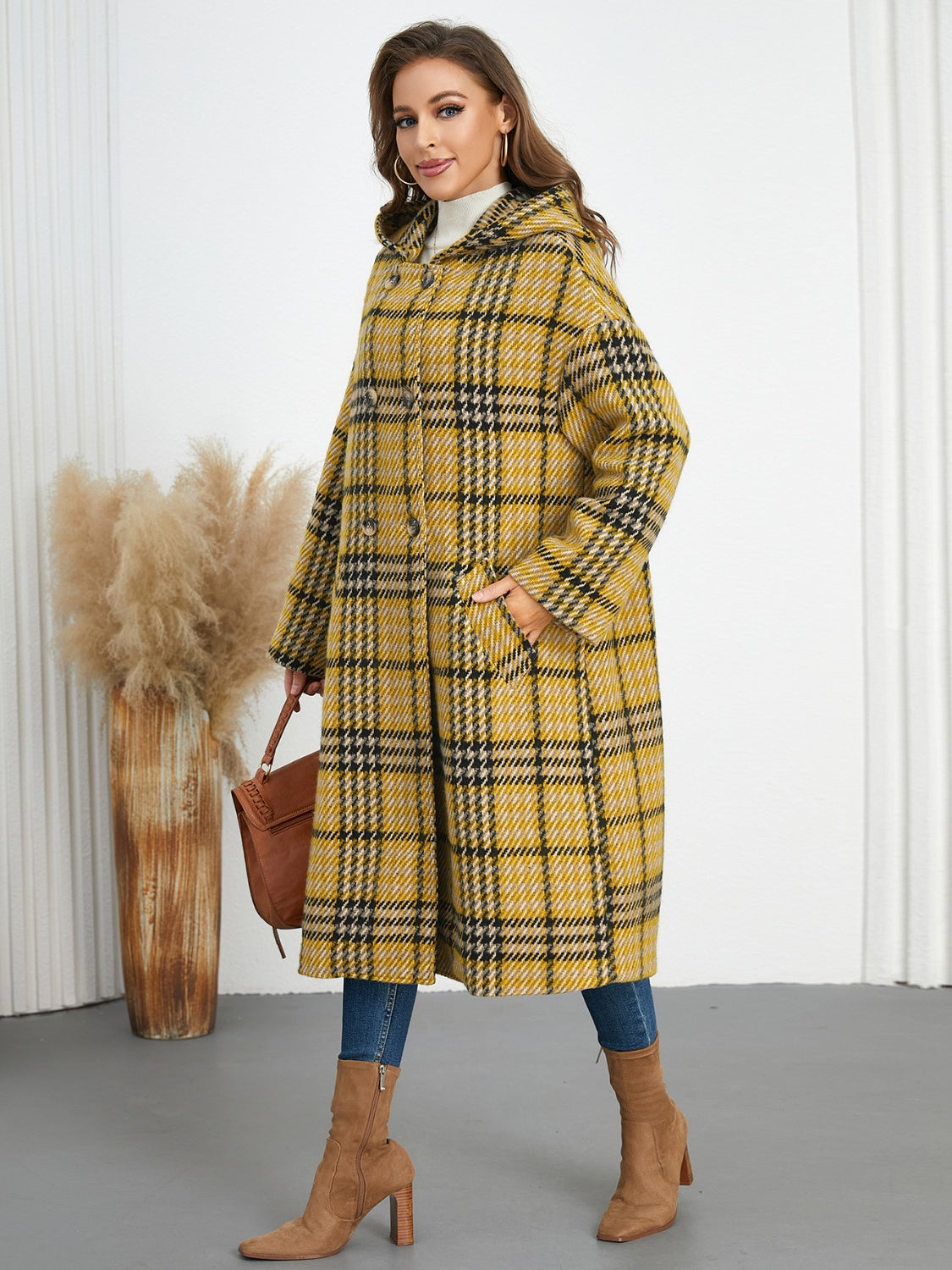 Hazel Blues® |  Plaid Double-Breasted Long Sleeve Longline Coat