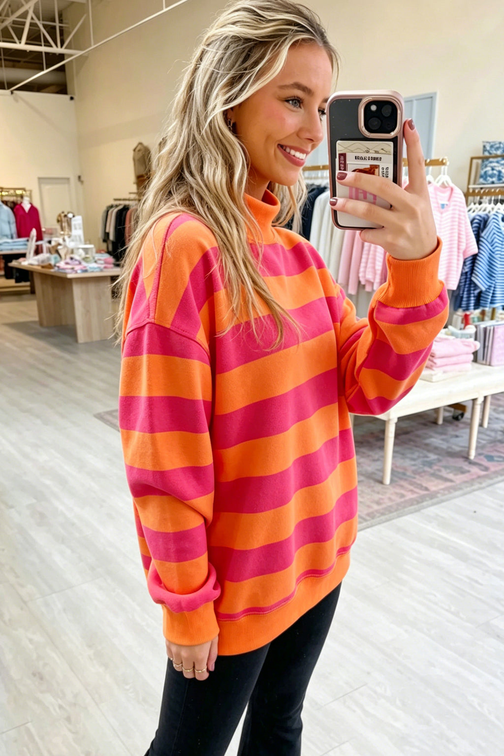 Orange Stripe Color-Block Mock-Neck Relaxed Sweatshirt