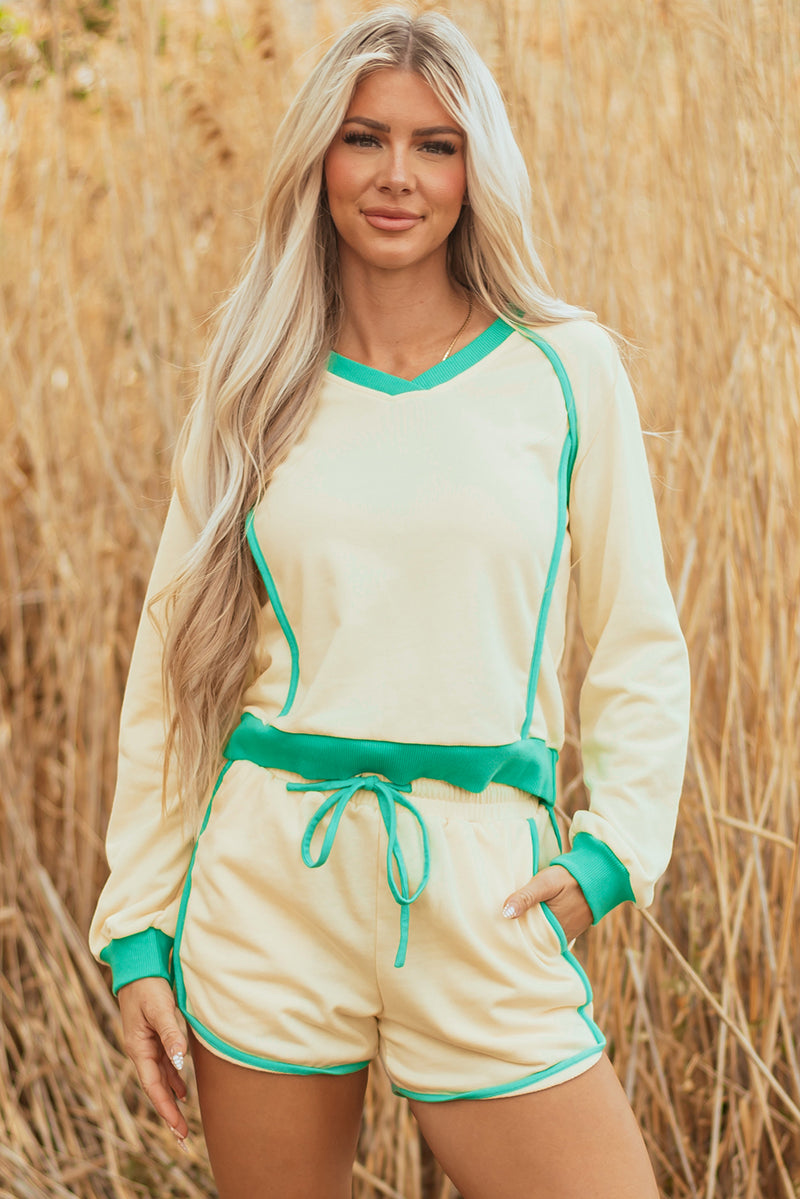 Hazel Blues® |  White Contrast Trim Colorblock Long Sleeve Pullover and Drawstring Shorts 2pcs Outfit
