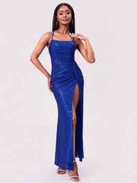 Hazel Blues® |  Slit Sequin Square Neck Spaghetti Strap Dress