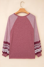 Hazel Blues® |  Black Contrast Print Striped Raglan Long Sleeve Loose Top