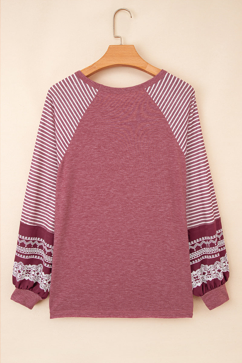Hazel Blues® |  Black Contrast Print Striped Raglan Long Sleeve Loose Top