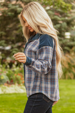 Hazel Blues® |  Gray Plaid Corduroy Patchwork Collared Zip Up Snap Button Jacket