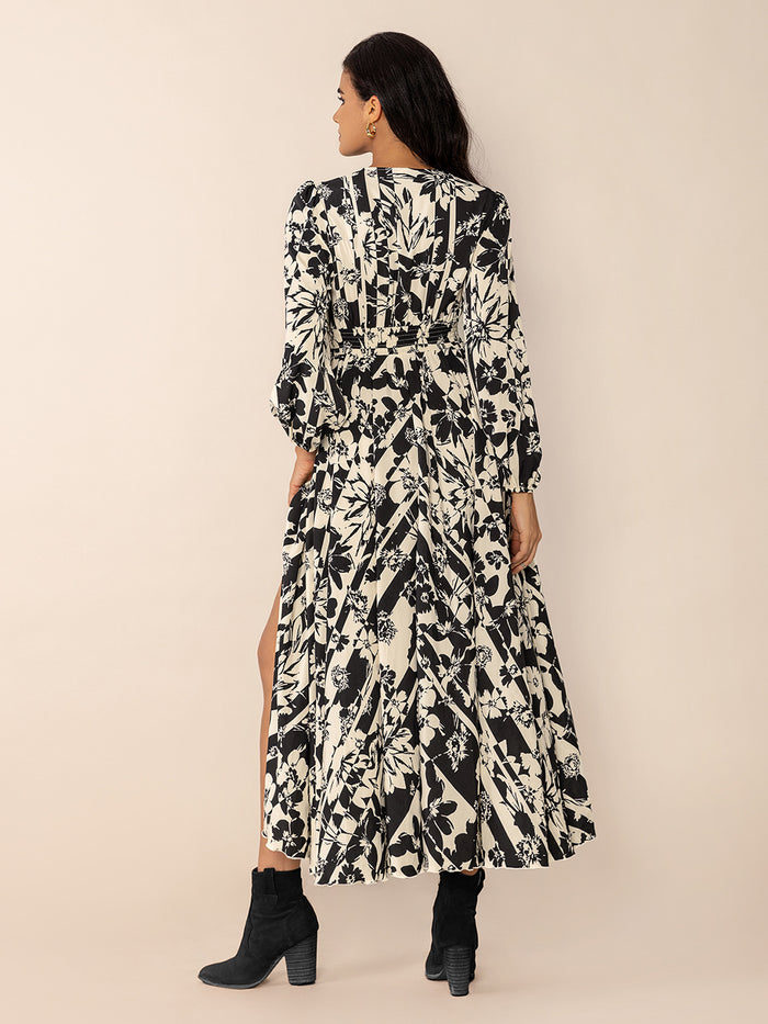 Hazel Blues® |  Tied Printed V-Neck Long Sleeve Midi Dress