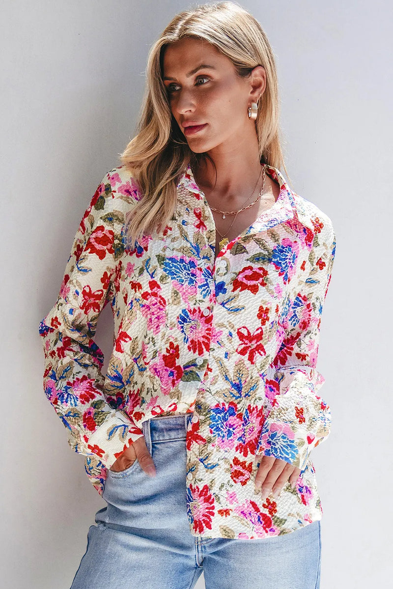 Hazel Blues® |  Floral Collared Neck Long Sleeve Shirt