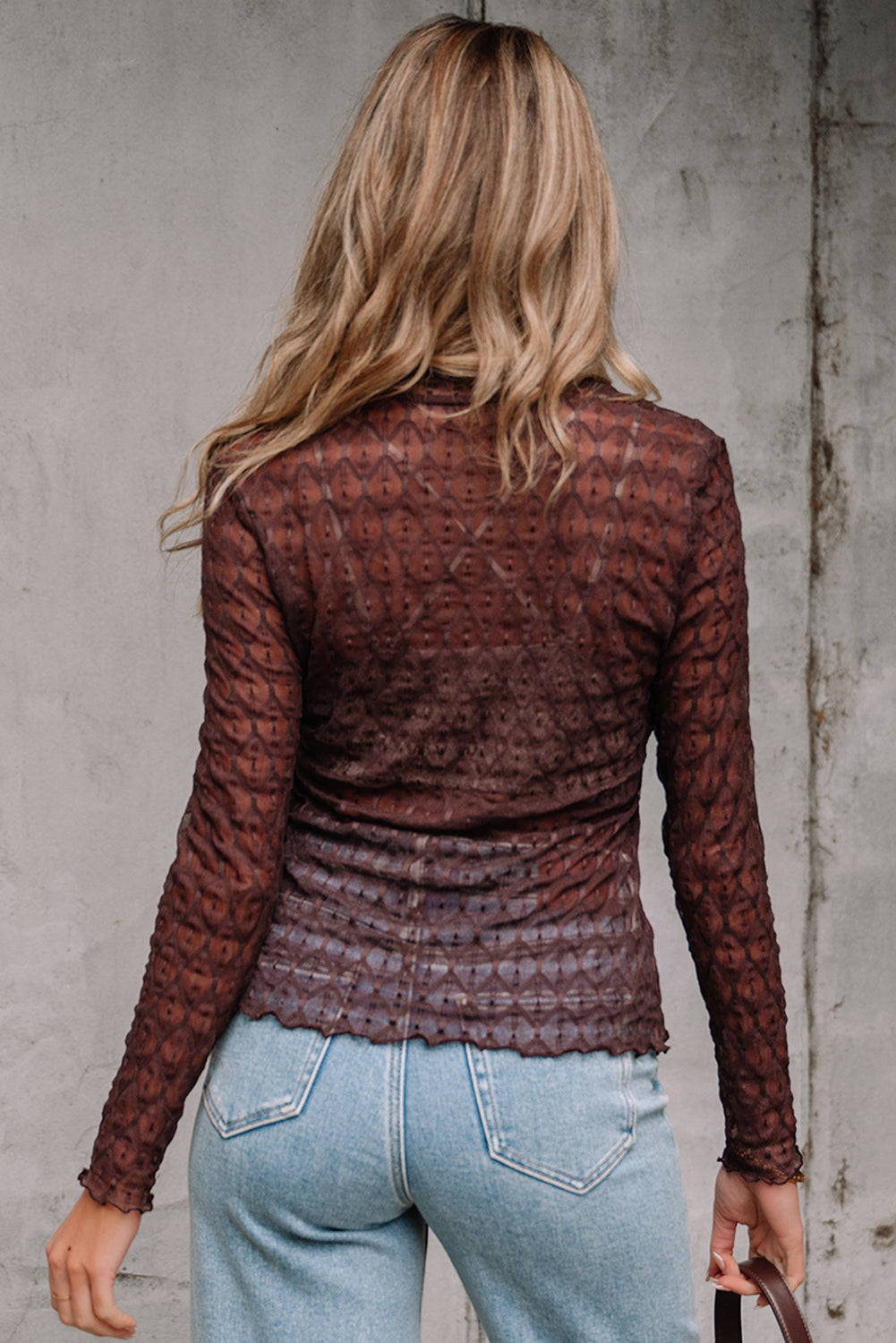 Hazel Blues® |  Coffee Sheer Mesh Patterned Lettuce Trim Slim Long Sleeve Top