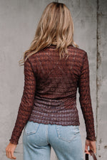 Hazel Blues® |  Coffee Sheer Mesh Patterned Lettuce Trim Slim Long Sleeve Top