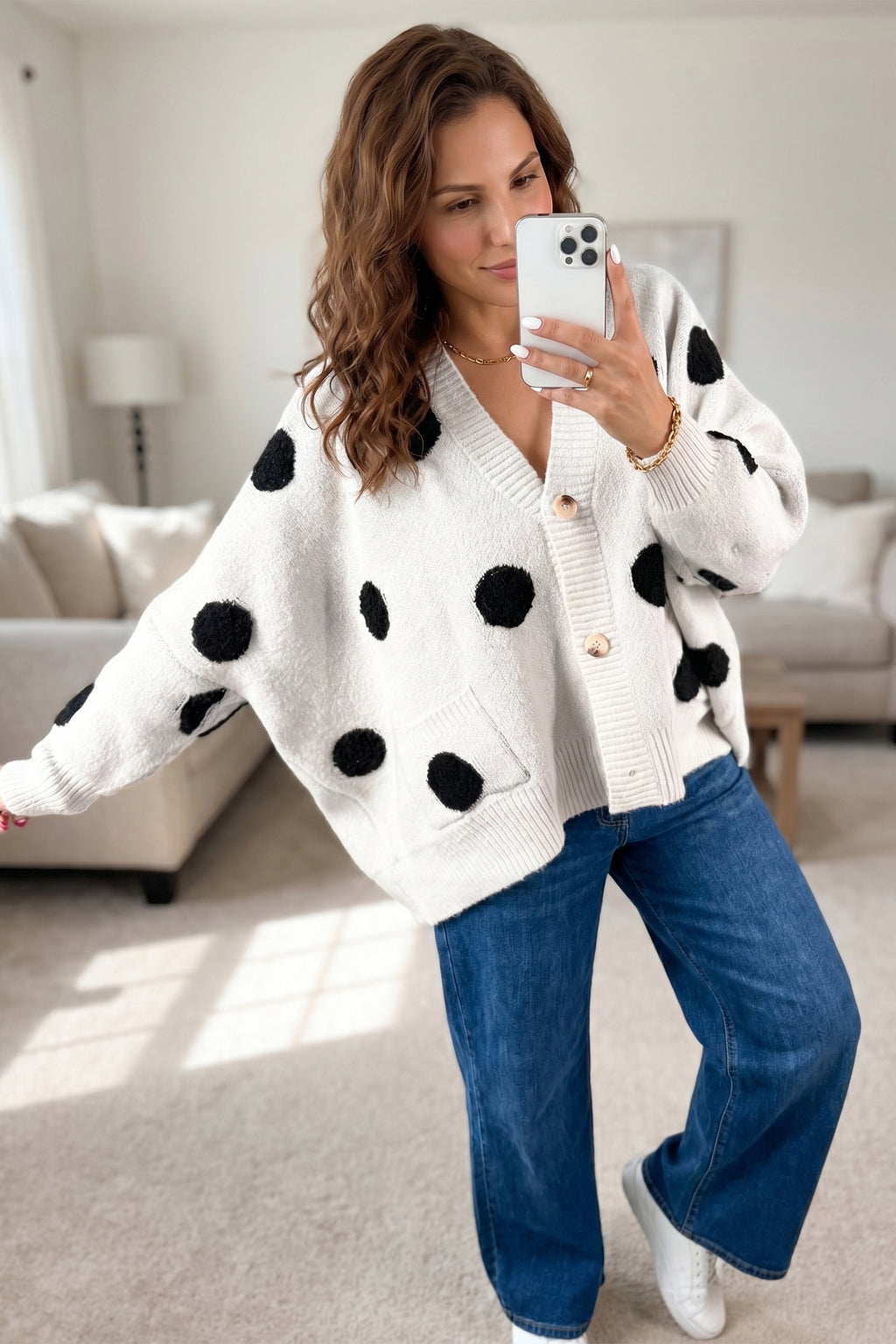 Hazel Blues® |  Dot Darling Cardigan | Polka Dot Button Front V-Neck Cardigan