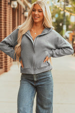 Hazel Blues® |  Gray Waffle Splicing Zip Up Front Button Hooded Jacket