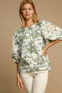 Hazel Blues® |  Umgee Floral Pleated Detail Lace Trim Sleeve Blouse