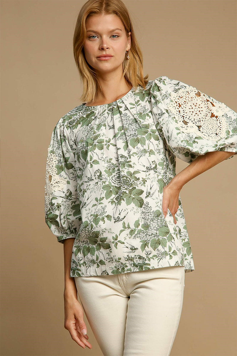 Hazel Blues® |  Umgee Floral Pleated Detail Lace Trim Sleeve Blouse