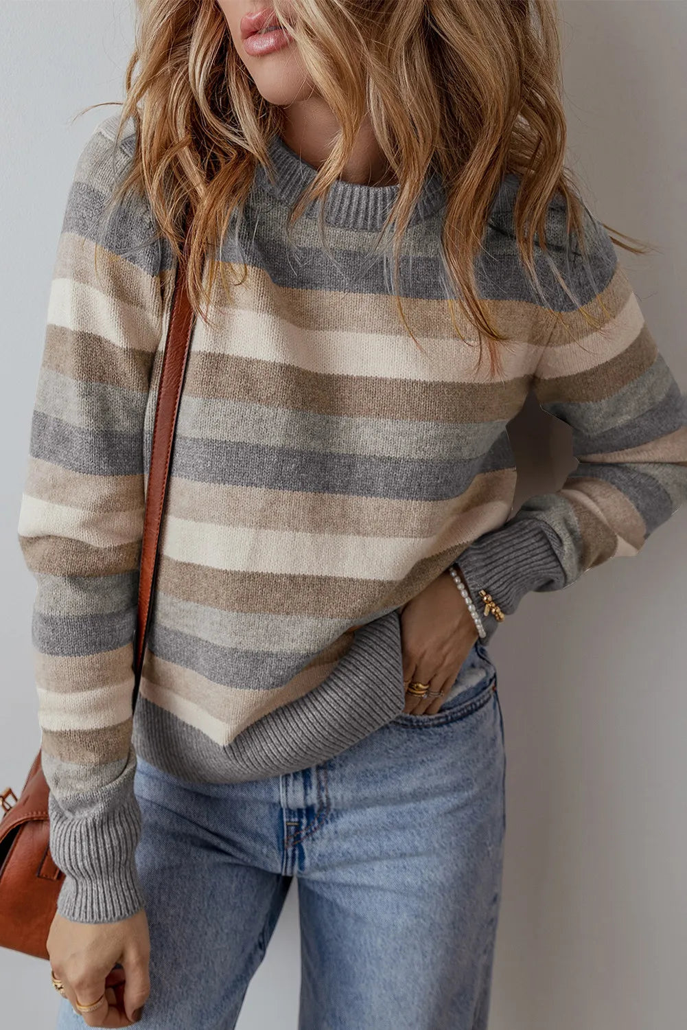 Hazel Blues® |  Striped Round Neck Long Sleeve Sweater