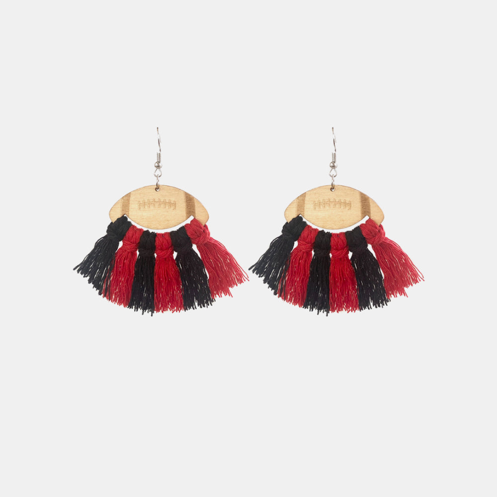 Hazel Blues® |  Fringe Detail Football Shape Wooden Dangle Earrings