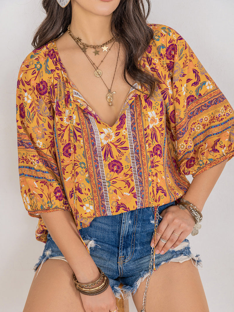 Hazel Blues® |  Printed Tie Neck Blouse