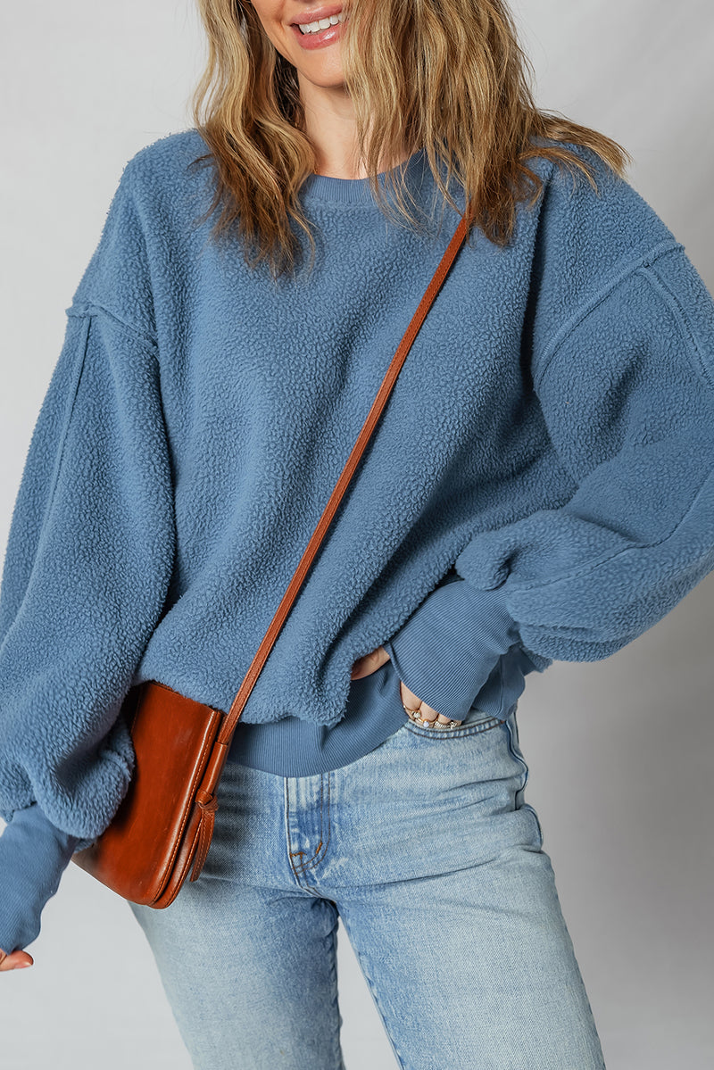 Hazel Blues® |  Sail Blue Fleece Drop Shoulder Exposed Seam Patchwork Casual Sweatshirt